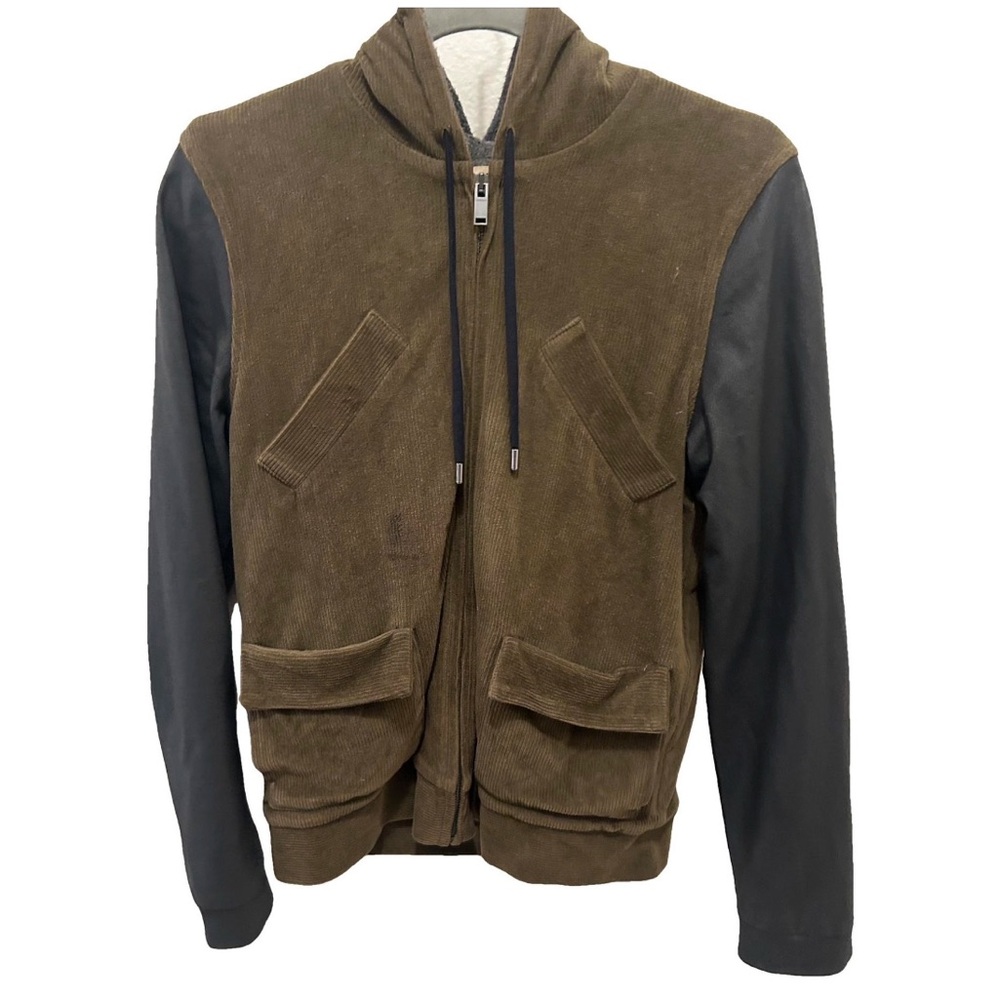 LACOSTE Leather & Corduroy Black & Olive Green Colorblock Hooded Jacket